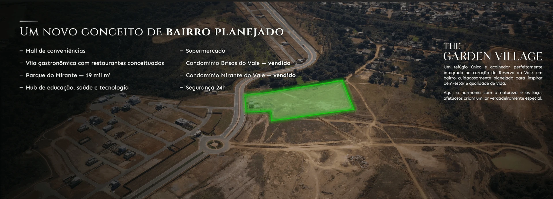 Vista aérea do bairro planejado Reserva do Vale com destaque para o The Garden Village