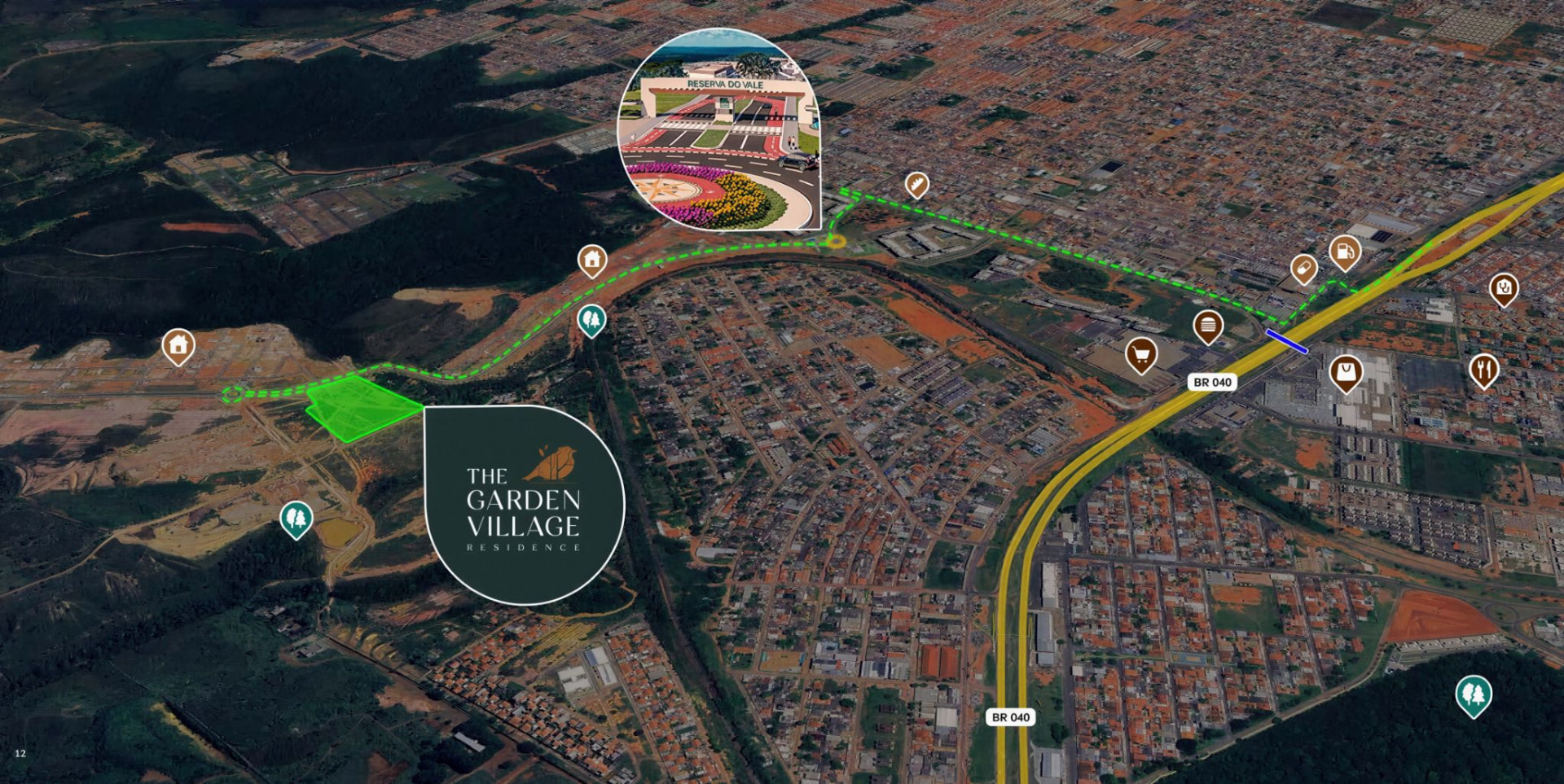 Mapa de acesso ao The Garden Village no Reserva do Vale, em Valparaíso de Goiás