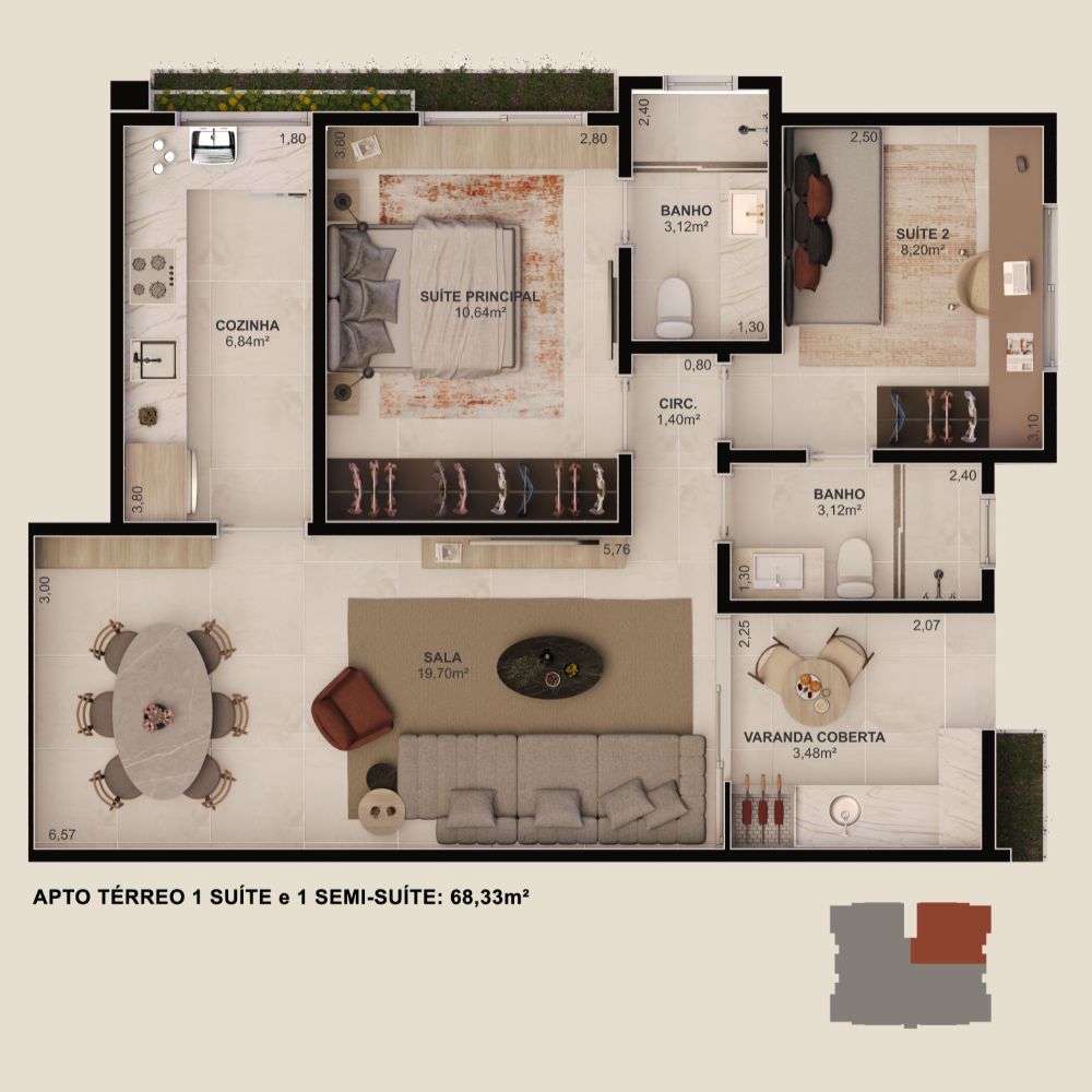 Planta baixa do apartamento térreo de 1 suíte e 1 semi-suíte com 68,33 m²