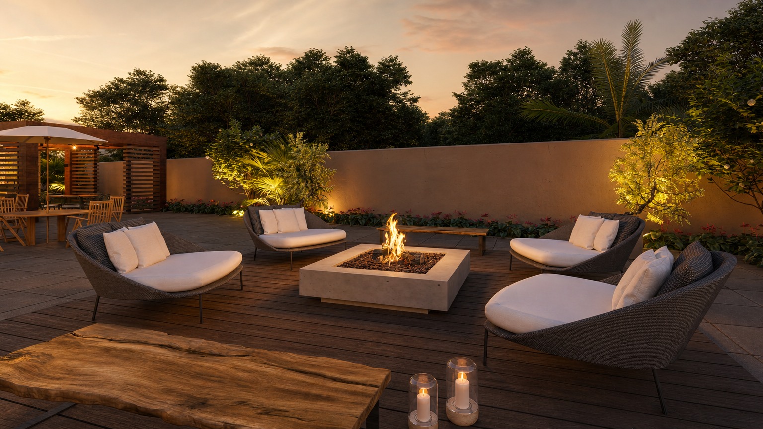 Fire place do The Garden Village com lareira central, poltronas e jardim iluminado ao entardecer