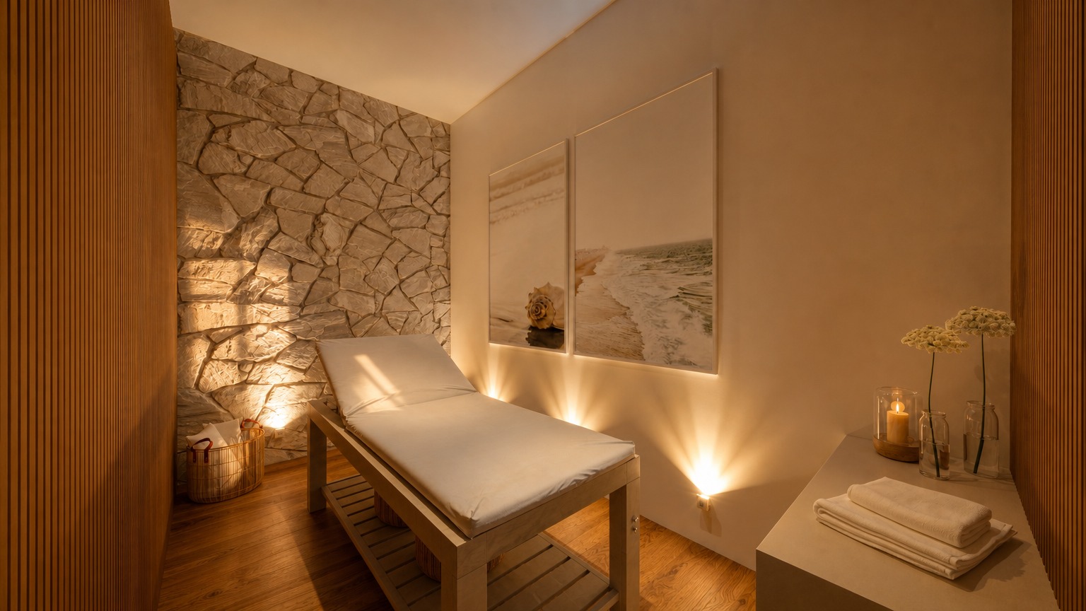 Sala de massagem com maca, parede de pedra iluminada e revestimento ripado em madeira