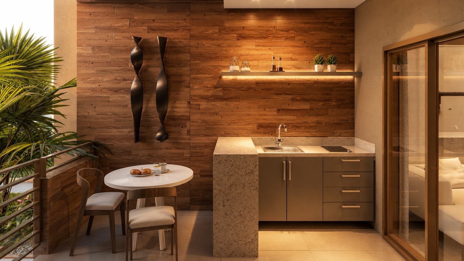 Varanda gourmet integrada com bancada, cooktop, mesa de refeições e vista para o paisagismo