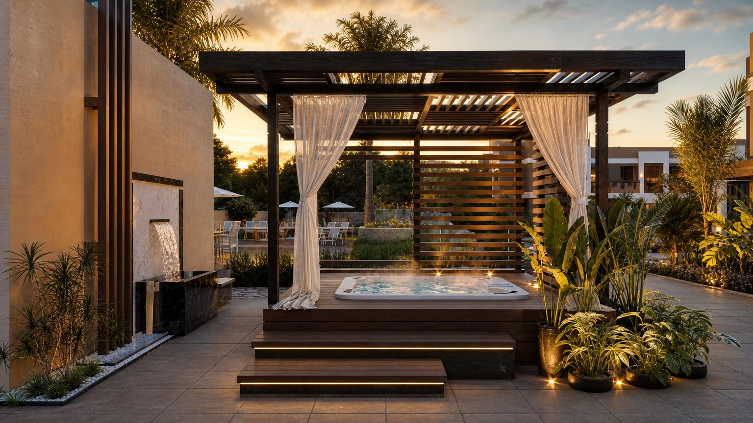 SPA com hidromassagem aquecida sob pergolado de madeira, cortinas claras e plantas ao pôr do sol
