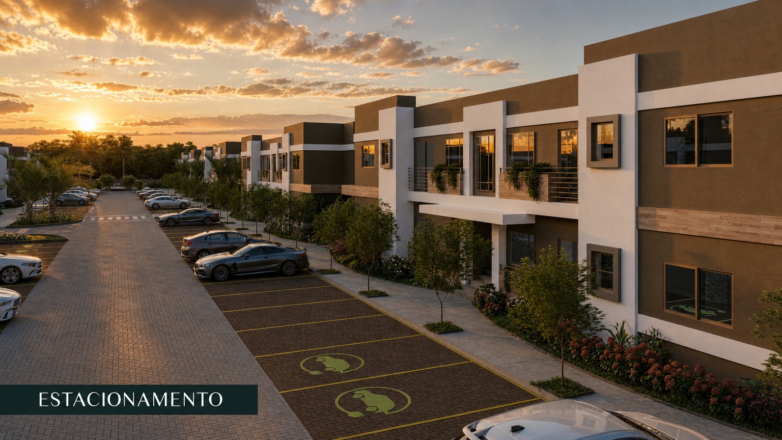 Estacionamento do condomínio ao pôr do sol, com vagas demarcadas e fachadas dos blocos