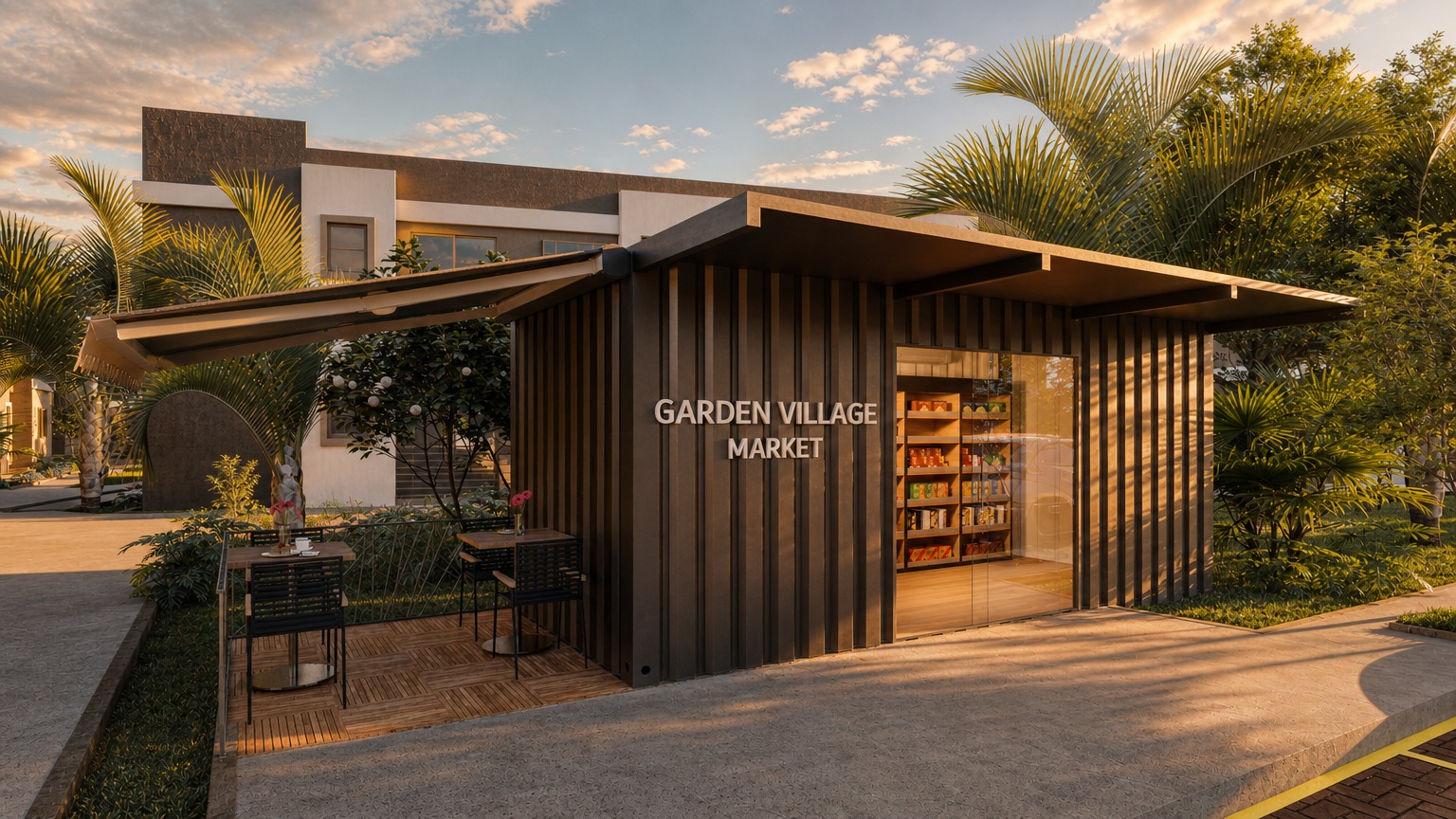 Fachada do mini market 24 horas do condomínio, com revestimento ripado e mesas externas